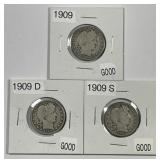 1909 P D S Barber Silver Quarter Trio