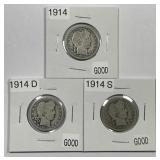 1914 P D S Barber Silver Quarter Trio