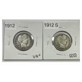 1912 P & S Barber Silver Quarter Pair