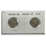 1929-D & 1930-P Buffalo Nickel Pair Extra Fine XF