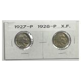 1927 & 1928 Buffalo Nickel Pair Extra Fine XF