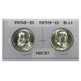 1958-D & 1959-D Franklin Silver Half Pair BU