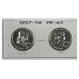 1957 & 1958 Franklin Silver Half Proof PR PRF