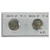 1913 Buffalo Nickel Type 1 & 2 Pair Very Fine VF