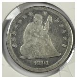 1891 Seated Liberty Silver Quarter Good