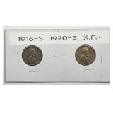 1916-S & 1920-S Lincoln Wheat Cent Pair XF