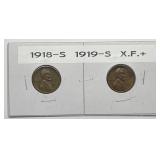 1918-S & 1919-S Lincoln Wheat Cent Pair XF