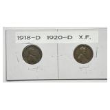 1918-D & 1920-D Lincoln Wheat Cent Pair XF