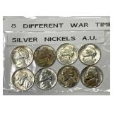 8 Different Silver Jefferson Wartime Nickels AU