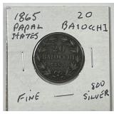 PAPAL STATES: 1865-R Silver 20 Baiocchi Fine F