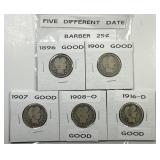 Five Different Barber Silver Quarters Good G
