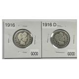 1916 P & D Barber Silver Quarter Pair