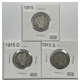 1915 P D S Barber Silver Quarter Trio
