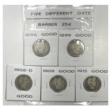 Five Different Barber Silver Quarters Good G