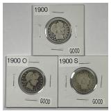 1900 P O S Barber Silver Quarter Trio