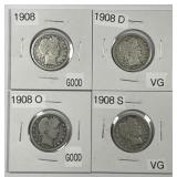 1908 P D O S Barber Silver Quarter Quartette