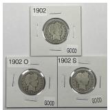 1902 P O S Barber Silver Quarter Trio
