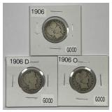 1906 P D O Barber Silver Quarter Trio