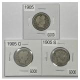 1905 P O S Barber Silver Quarter Trio