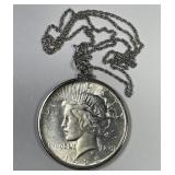 1925 Peace Silver Dollar w/Chain & Bezel
