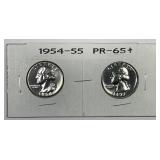 1954 & 1955 Washington Silver Quarter Proof Pair
