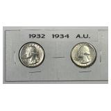 1932 & 1934 Washington Silver Quarter Pair AU