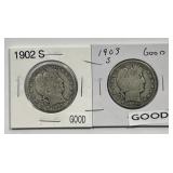 1902-S & 1903-S Barber Silver Half Pair Good G