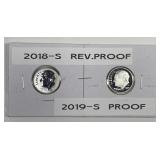 2018-S Reverse Proof & 2019-S Proof Silver Dimes