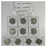Ten Different D & S Mintmarked Buffalo Nickels