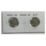 1937-D & 1938-D Buffalo Nickel Pair Extra Fine XF