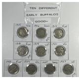 Ten Different Early Dated Buffalo Nickels