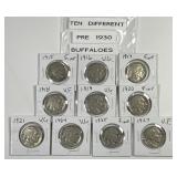 Ten Different Pre-1930 Buffalo Nickels