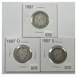 1897 P O S Barber Silver Quarter Trio