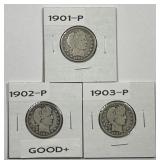 1901 1902 1903 Barber Silver Quarter Trio