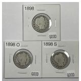 1898 P O S Barber Silver Quarter Trio