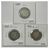 1895 P O S Barber Silver Quarter Trio
