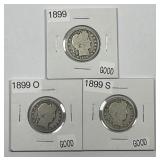 1899 P O S Barber Silver Quarter Trio