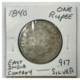 EAST INDIA CO: 1840 Silver Rupee Extra Fine XF