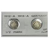GERMANY: 1912-A & 1913-A Silver 1/2 Mark Pair