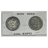 1892 & 1893 Columbian Expo Silver Commem Half Pair