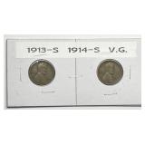 1913-S & 1914-S Lincoln Wheat Cent Pair Very Good