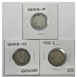 1893 P O S Barber Silver Quarter Trio