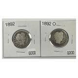 1892 & 1892-O Barber Silver Quarter Pair