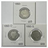 1893 P O S Barber Silver Quarter Trio