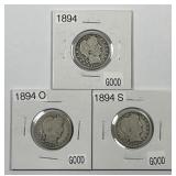 1894 P O S Barber Silver Quarter Trio