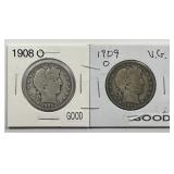 1908-O & 1909-O Barber Silver Half Pair Good G