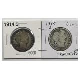 1914-S & 1915-S Barber Silver Half Pair Good G