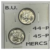 1944 & 1945 Mercury Silver Dime Pair BU