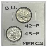 1942 & 1943 Mercury Silver Dime Pair BU