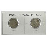 1925 & 1926 Buffalo Nickel Pair Extra Fine XF